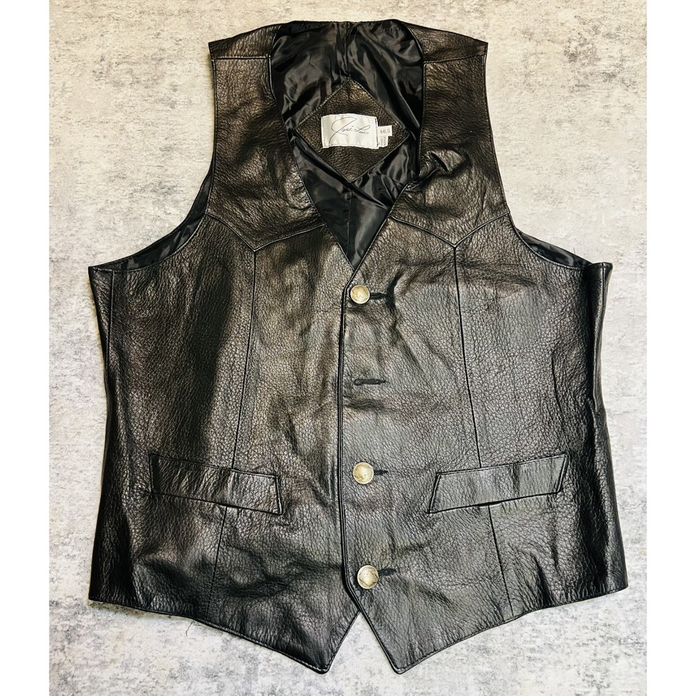 Vintage Jose Luis Textured Leather Motorcycle Vest Mens 44L Black Button Front